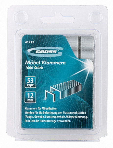Скобы, 12 мм, для мебельного степлера, усиленные, тип 53, 1000 шт Gross