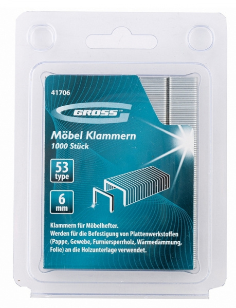 Скобы, 6 мм, для мебельного степлера усиленные, тип 53, 1000 шт Gross