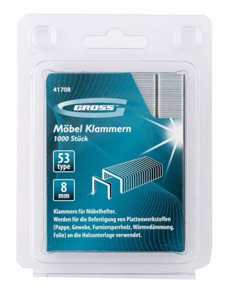 Скобы, 8 мм, для мебельного степлера, усиленные, тип 53, 1000 шт Gross
